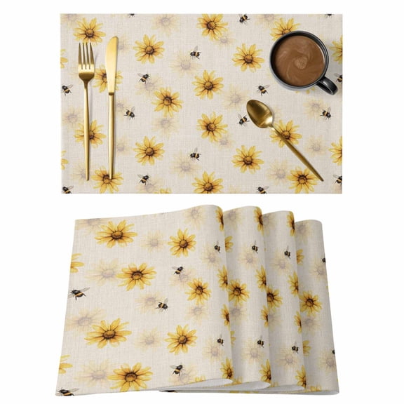 Farmhouse Sunflower Cotton Linen Placemats Set of 1, Rustic Yellow Honey Bees Linen Texture Washable Table Place Mats Heat Insulating Placemat for Dining Room Kitchen Daily Use 13 x 19 Inch