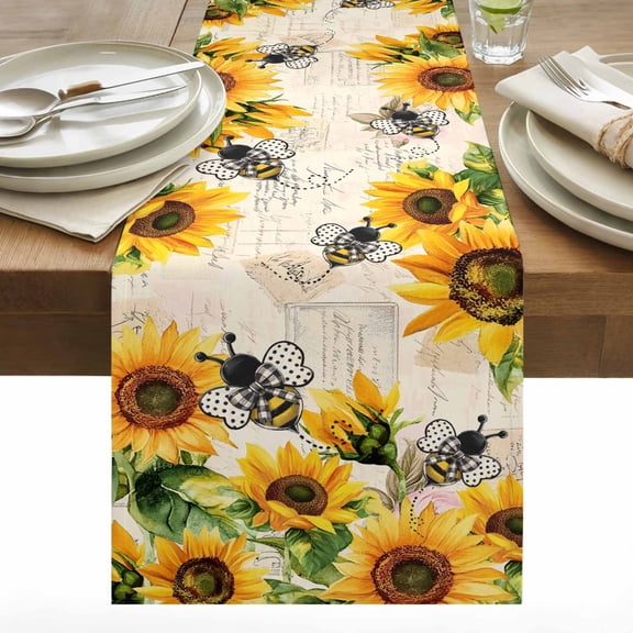Farmhouse Sunflower Cotton Linen Table Runner Summer Floral Bee Dining Table Runners for Home Decor Party Dining Room Restaurant Kitchen 13" x 90"