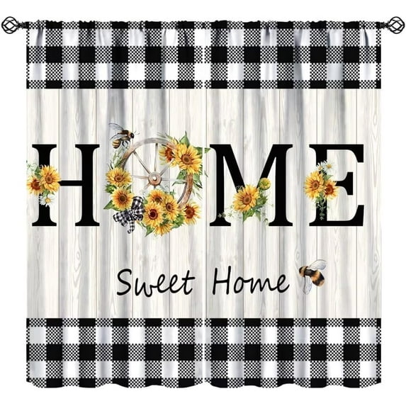 Farmhouse Sunflower Curtains, Rustic Vintage Country Summer Yellow Floral Blossom Wooden Board Black White Buffalo Plaid Check Window Curtains for Kitchen Living Room Bedroom 84x84in