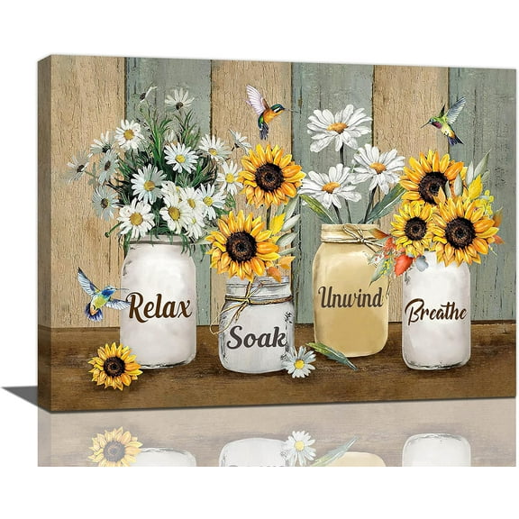 Farmhouse Sunflower Daisy Bathroom Decor Wall Art Rustic Hummingbird Yellow Floral Pictures Wall Decor Relax Soak Unwind Bathroom Sign Canvas Painting Prints Artwork Framed for Bedroom 16"x12"