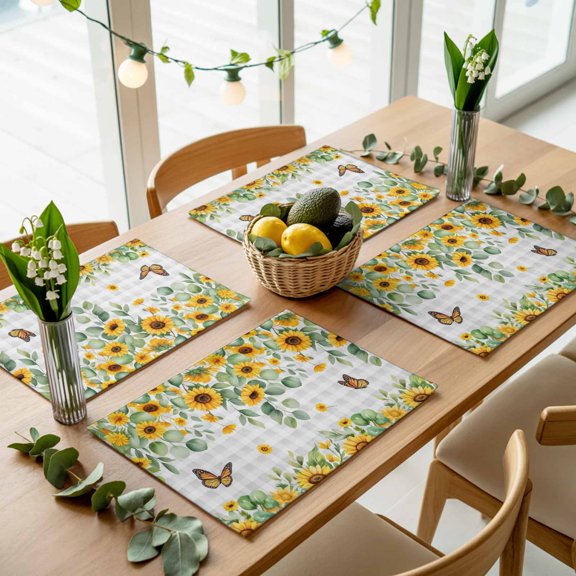 Farmhouse Sunflower Eucalyptus Leaf Placemats Set of 4,Wipeable Washable Table Mats for Dining Tables, Rustic Butterfly Gray Plaid Place Mats for Kitchen Event Party Tabletop Decor