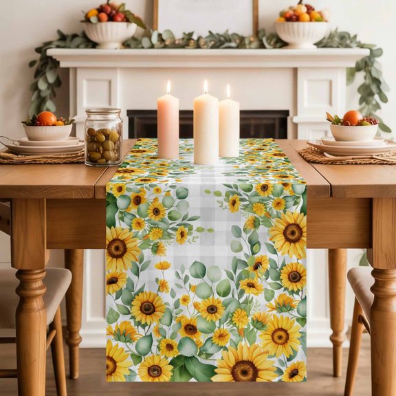Farmhouse Sunflower Eucalyptus Leaf Table Runner 70 Inches Long,Kitchen Dining Tablerunners Rustic Butterfly Gray Plaid Linen Table Runners Dresser Scarves for Home Dinner Wedding Holiday Party Decor