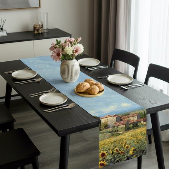Farmhouse Sunflower Field Table Runner 36 Inches Long,Kitchen Dining Tablerunners Rustic Natural Scene Oil Painting Linen Table Runners Dresser Scarves for Home Dinner Wedding Holiday Party Decor