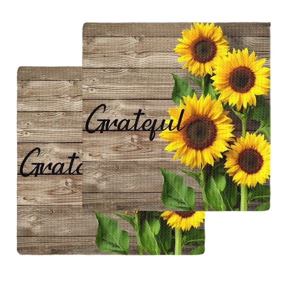 Farmhouse Sunflower Grateful Kitchen Dish Towels for Drying Dishes Set of 2, Brown Wooden Plank Country Waffle Weave Microfiber Hand Tea Bathroom Towels Quick Dry & Absorbent Towel 12x12