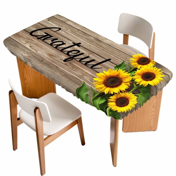 Farmhouse Sunflower Grateful Table Cloths for 5 Foot Rectangle Tables, Brown Wooden Plank Country Patio Waterproof Elastic Fitted Tablecloths, Washable Rectangular Table Cover for Camping
