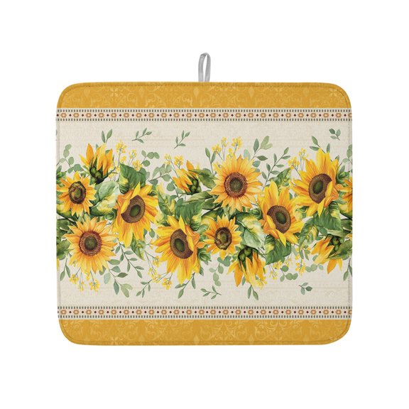 Farmhouse Sunflower Green Leaves Dish Drying Mats for Kitchen Counter,Absorbent Microfiber Dish Drainer Rack Mat Vintage Yellow Border Drying Pad for Sinks,Utensils,Countertops,16x18in