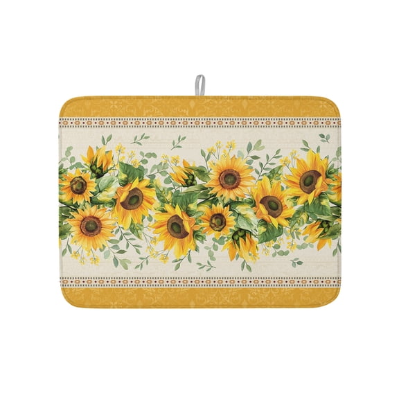 Farmhouse Sunflower Green Leaves Dish Drying Mats for Kitchen Counter,Absorbent Microfiber Dish Drainer Rack Mat Vintage Yellow Border Drying Pad for Sinks,Utensils,Countertops,18x24in