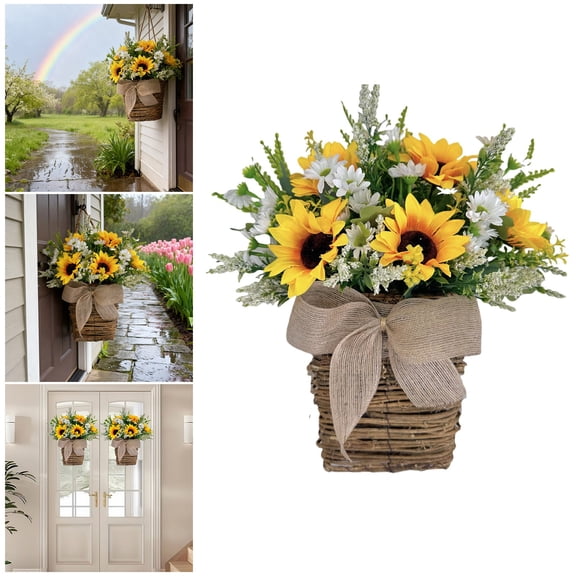 Farmhouse Sunflower Hanging Basket Wreath - 13.8" Year-Round Front Door Decor for Spring, Summer & All Seasons | Indoor/Outdoor Wall & Porch Decoration
