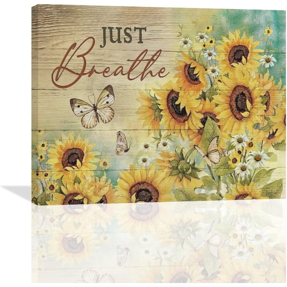 Farmhouse Sunflower Just Breathe Wall Art Yellow Butterfly Floral Pictures Wall Decor Canvas Prints Framed Painting Artwork for Bathroom Kitchen Bedroom Living Room Office 20"x16"