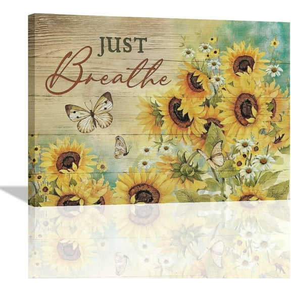 Farmhouse Sunflower Just Breathe Wall Art Yellow Butterfly Floral Pictures Wall Decor Canvas Prints Framed Painting Artwork for Bathroom Kitchen Bedroom Living Room Office 16"x12"