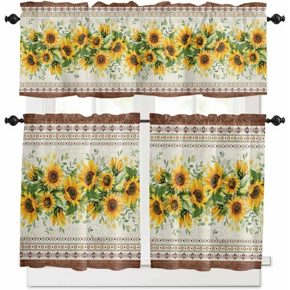 Farmhouse Sunflower Kitchen Curtains, Beige Brown Floral 3-Piece Kitchen Curtain Valance and Tiers Set 24 Inch Length, Vintage Botanical Rod Pocket Half Window Curtains for Cafe Living Room Bathroom