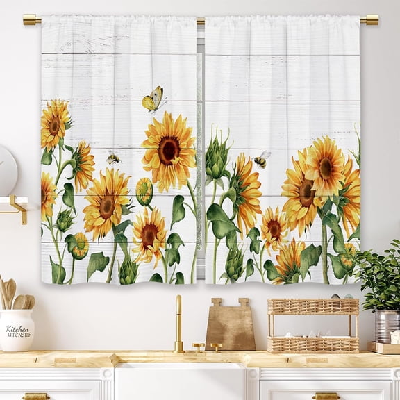 Farmhouse Sunflower Kitchen Curtains Floral Flower Country Wooden Small Short Cafe Window Curtains Rustic Plant Spring Rod Pocket Bathroom Window Drapes Treatment Curtains (26x24 Inch)