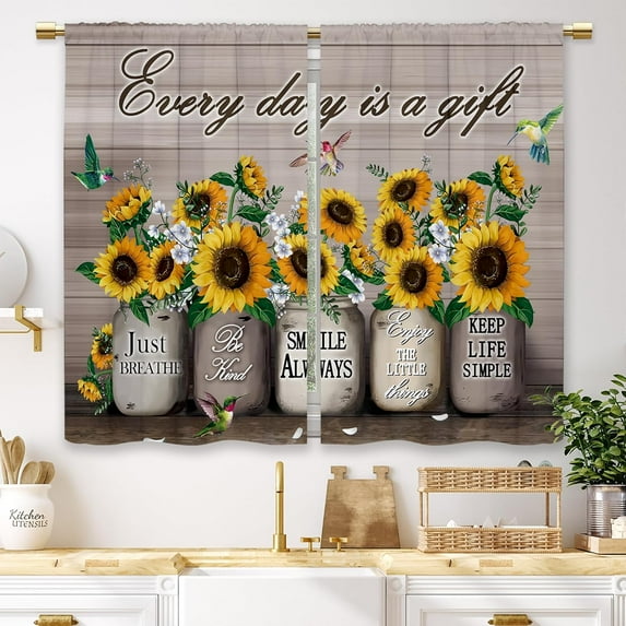 Farmhouse Sunflower Kitchen Curtains Rustic Flower Country Floral Small Short Cafe Window Curtains Vintage Brown Plank Wooden Bathroom Window Drapes Treatment Tier Curtains (27.5x39 Inch)