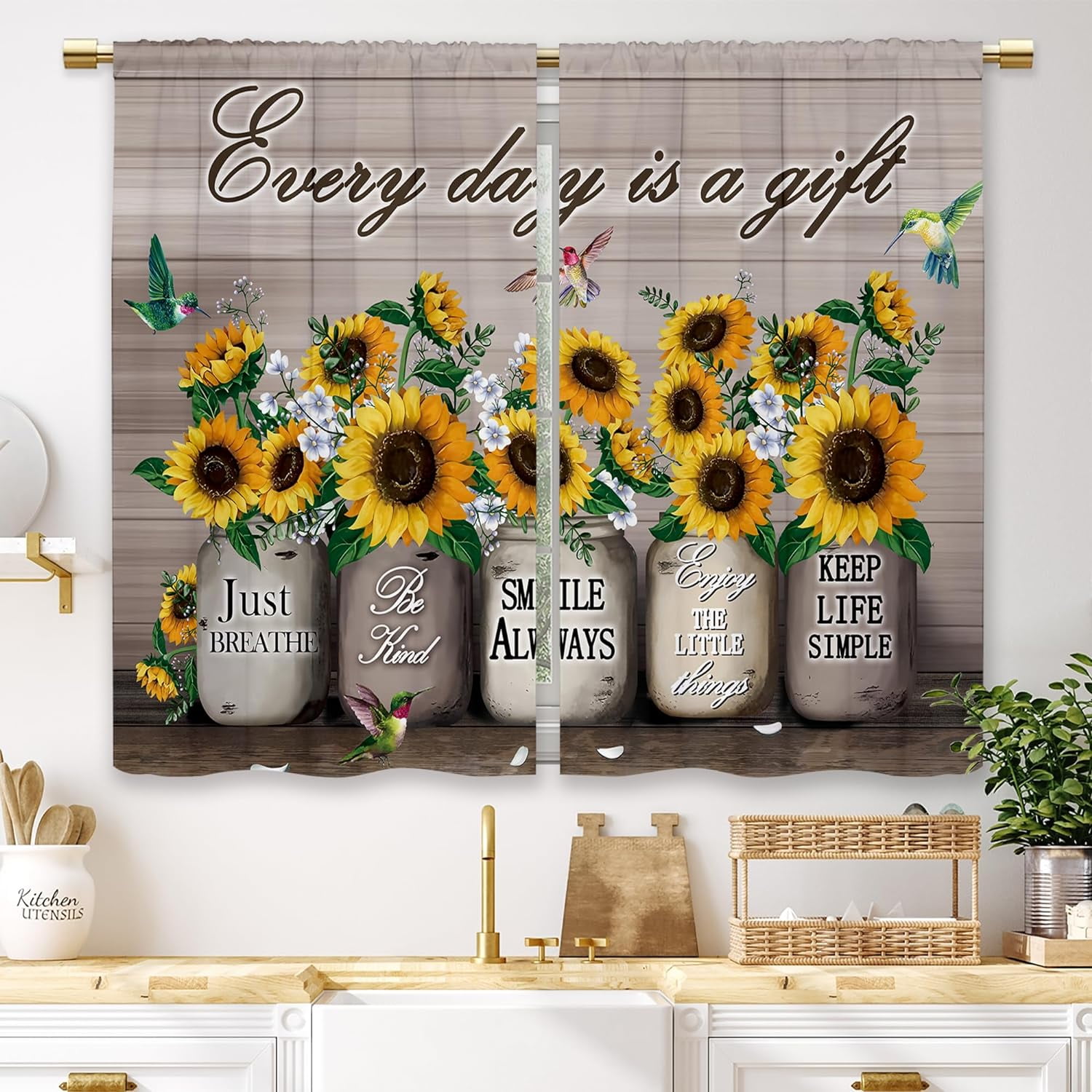 Farmhouse Sunflower Kitchen Curtains Rustic Flower Country Floral Small ...