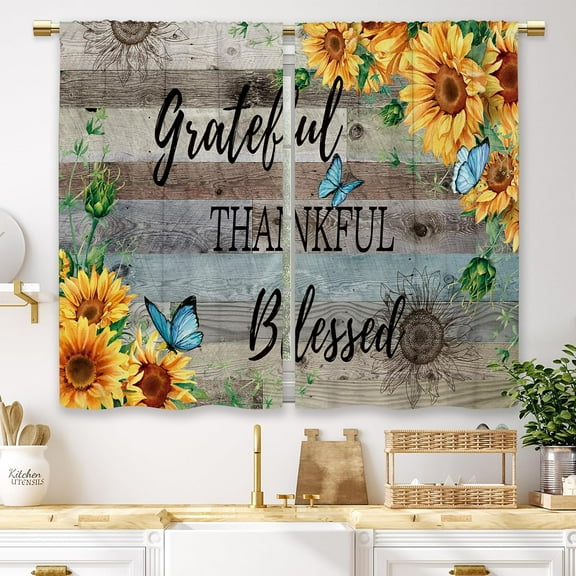Farmhouse Sunflower Kitchen Curtains Rustic Teal Wooden Small Short Cafe Window Curtains Quote Country Flower Rod Pocket Bathroom Window Drapes Treatment Tier Curtains 2 Panels (27.5x36 Inch)