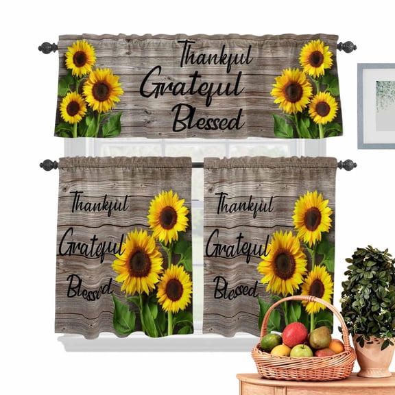 Farmhouse Sunflower Kitchen Curtains Valances 3 Piece Set, Thankful Grateful Blessed Wood Grain Rod Pocket Tier Curtain and Valance Drapes for Small Window 36 Inch Length for Bedroom Cafe