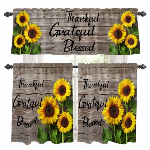 Farmhouse Sunflower Kitchen Curtains and Valances Set, Thankful Grateful Blessed Wood Grain 3 Piece Curtains Valances and Tiers Set Rod Pocket for Kitchen Bathroom Windows 36 Inch