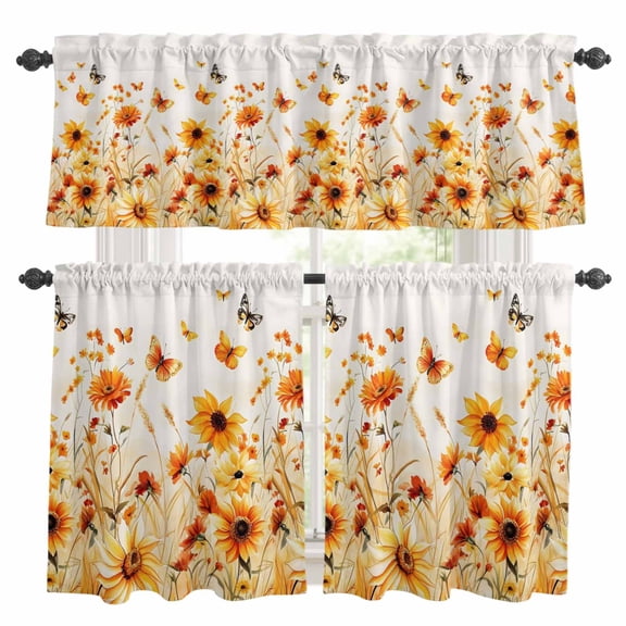 Farmhouse Sunflower Kitchen Curtains Valances and Tiers Set of 3 Watercolor Orange Florals Field Country Tier Curtains and Valance with Rod Pocket for Small Windows, 27.5"x24"