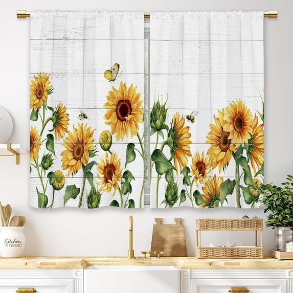 Farmhouse Sunflower Kitchen Curtains Yellow Floral Flower Country Rustic Small Short Cafe Window Curtains Country Plant Rod Pocket Bathroom Window Drapes Treatment Curtains (27.5x36 Inch)