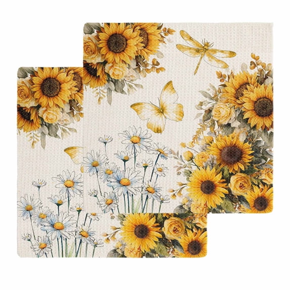 Farmhouse Sunflower Kitchen Dish Towels for Drying Dishes Set of 2, Vintage Daisy Butterflies Rustic Burlap Waffle Weave Microfiber Hand Tea Bathroom Towels Quick Dry & Absorbent Towel 12x12