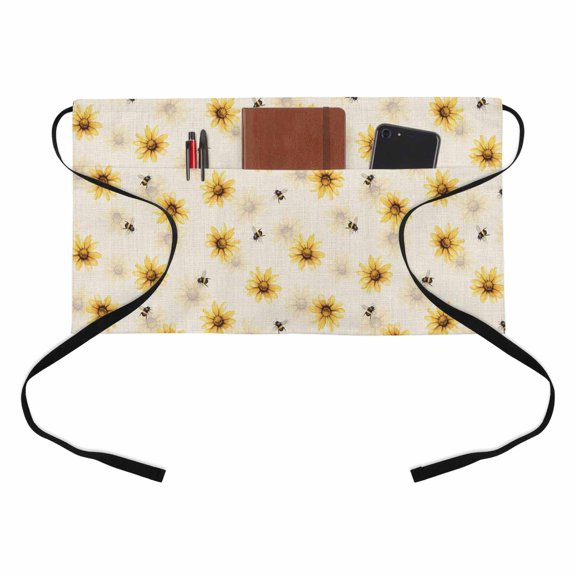 Farmhouse Sunflower Kitchen Restaurant Half Waist Apron, Rustic Yellow Honey Bees Linen Texture Server Short Apron with 3 Pockets Waterproof Oil Waist Aprons for Women Waitress Waiter