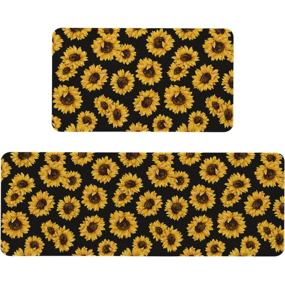 Farmhouse Sunflower Kitchen Rugs and Mats Set of 2, Black Sunflowers Kitchen Rug Non-Slip Washable Floor Mat for Home Kitchen Decor - 17x29 and 17x47 Inch