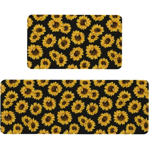 Farmhouse Sunflower Kitchen Rugs and Mats Set of 2, Black Sunflowers Kitchen Rug Non-Slip Washable Floor Mat for Home Kitchen Decor - 17x29 and 17x47 Inch