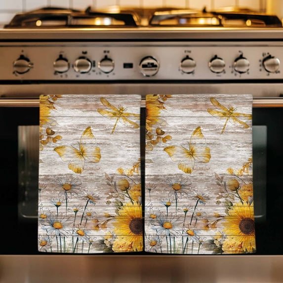 Farmhouse Sunflower Kitchen Towels Set of 4, Vintage Daisy Butterflies Rustic Wood Absorbent Dish Towels for Kitchen, Microfiber Hand Towel, Quick Drying Tea Towel for Cleaning Decorative Dishcloths