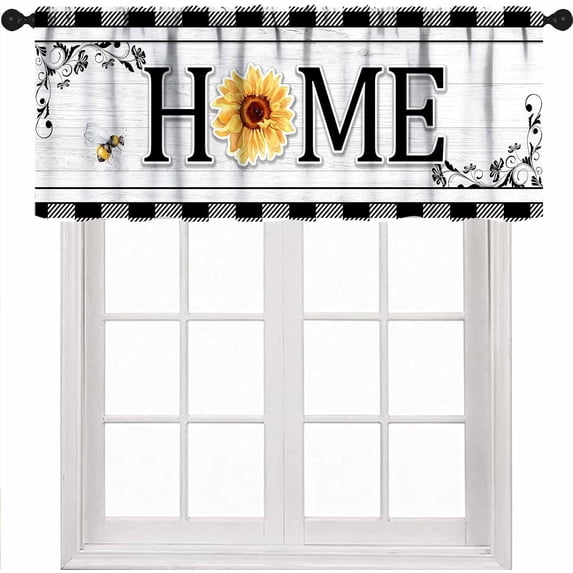 Farmhouse Sunflower Kitchen Valance,Vintage Farm Bee Buffalo Plaid White Black Rustic Window Toppers Valances for Bedroom Living Room Bathroom 1 Piece,54x18 Inch