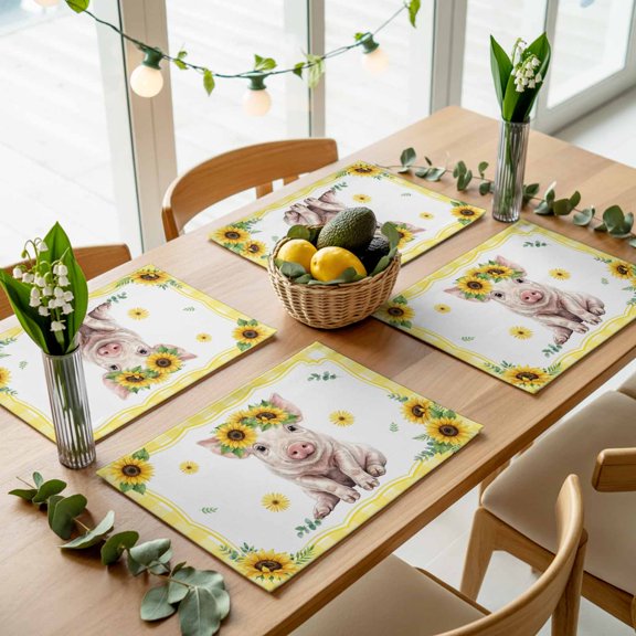 Farmhouse Sunflower Pig Placemats Set of 4,Wipeable Washable Table Mats for Dining Tables, Summer Yellow Theme Animal Plant Place Mats for Kitchen Event Party Tabletop Decor