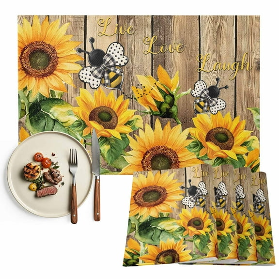 Farmhouse Sunflower Placemat of 1 PC, Live Love Laugh Table Mats Washable Heat-Resistant Non-Slip Place Mats for Kitchen Dinner Table Indoor Outdoor Decor,13x19 Inch Vintage Brown Wood