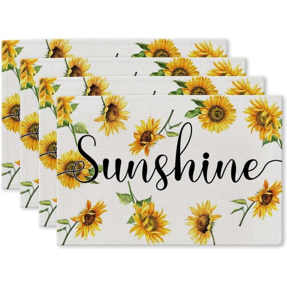 Farmhouse Sunflower Placemats Set of 4, Hello Sunshine Place Mats, Rustic Bee Dining Table Mats, Washable Placemats for Kitchen Dining Room Home Decor 18'' × 12''