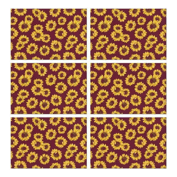 Farmhouse Sunflower Placemats Set of 6, 12x18 Inch Boho Floral Table Mats with Butterflies and Bees, Washable Rustic Vintage Linen Dining Decor, Yellow Bloom Country Style for Summer Autumn