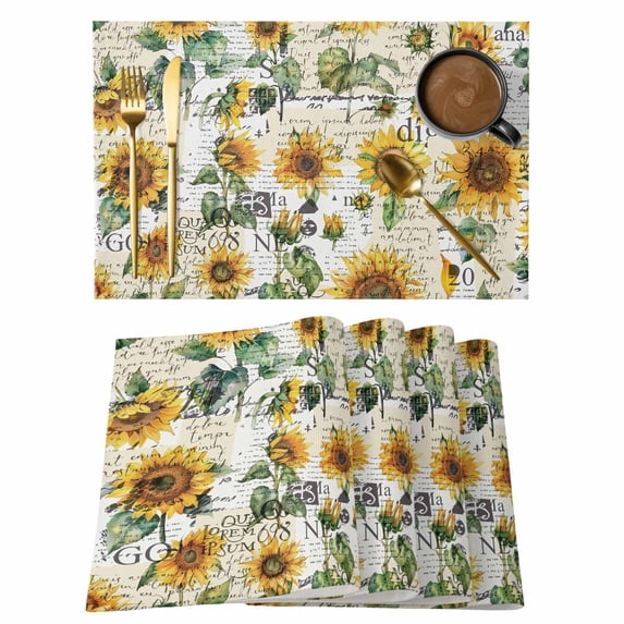 Farmhouse Sunflower Placemats Set of 6, Cotton Linen Fabric Place Mats, Vintage Summer Botanical Washable Decorative Table Mats Protector for Home Kitchen Dining Wedding Party Coffee Tables