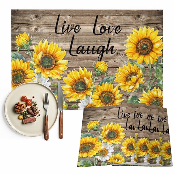 Farmhouse Sunflower Placemats Set of 6, Live Love Lough Inspirational Quotes Table Mats Washable Heat-Insulation Non-Slip Place Mats for Kitchen Dinner Table Indoor Outdoor Decor,13x19 Inch