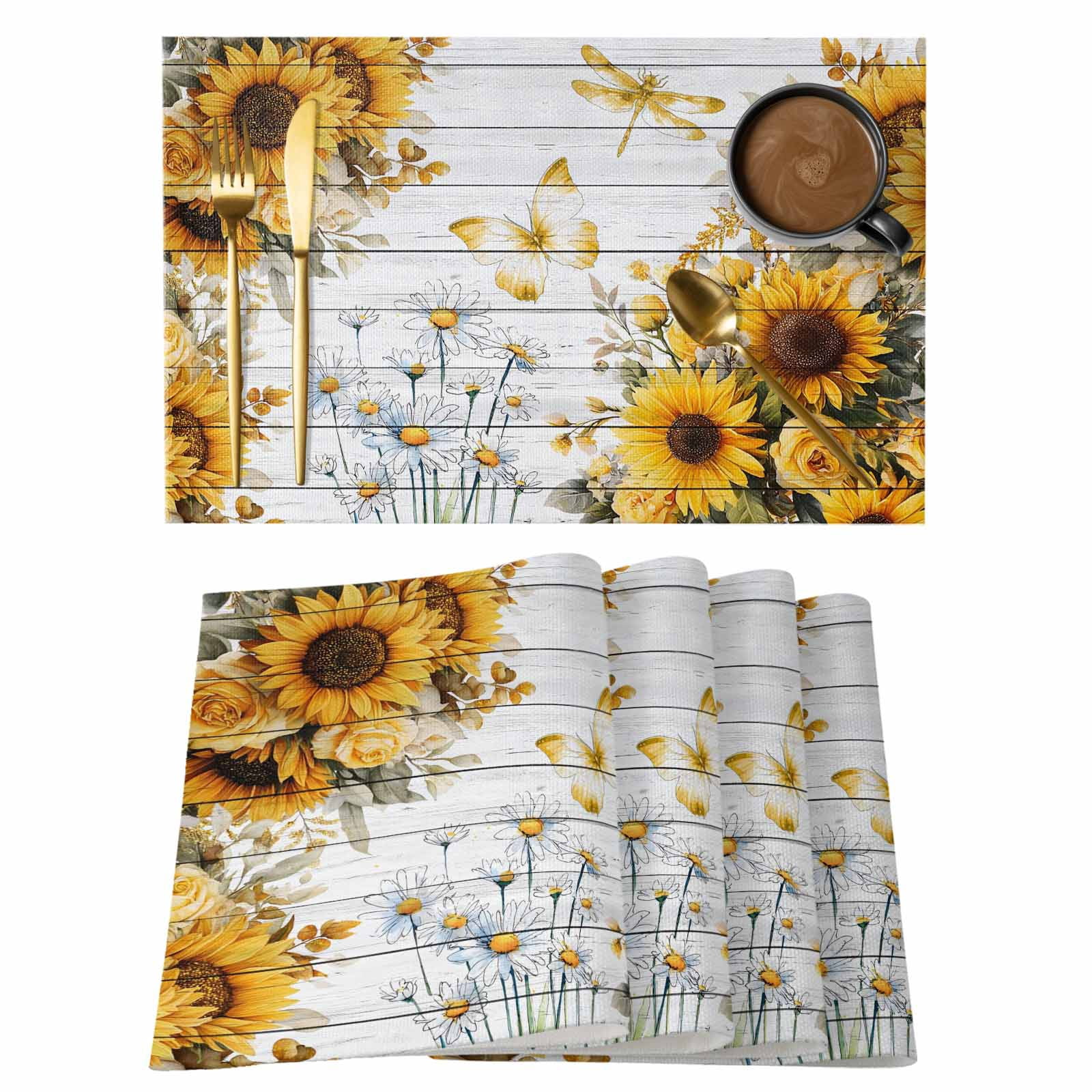 Farmhouse Sunflower Placemats Set of 6 Vintage Daisy Butterflies Gray ...