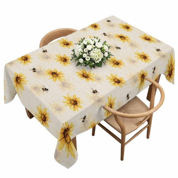 Farmhouse Sunflower Rectangle Tablecloth Rustic Yellow Honey Bees Linen Texture Waterproof Wrinkle Free Soft Table Cloth Spill-Proof Washable Table Cover for Dining Party Picnic 60 x 120 Inch