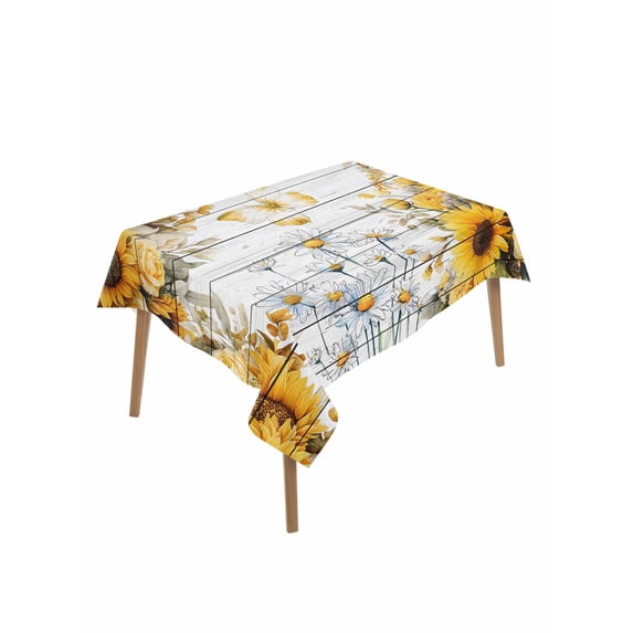 Farmhouse Sunflower Rectangle Tablecloth, Vintage Daisy Butterflies Gray Wood Waterproof & StainResistant Tablecloth, Washable Oil-proof Table Cover for Dining/Party/Wedding/Camping/Buffet 52x70 In