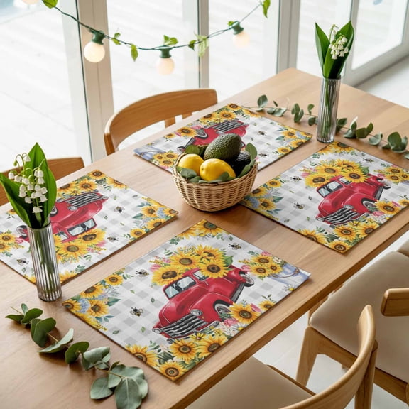 Farmhouse Sunflower Red Truck Placemats Set of 4,Wipeable Washable Table Mats for Dining Tables, Rustic Buffalo Plaid Bee Place Mats for Kitchen Event Party Tabletop Decor