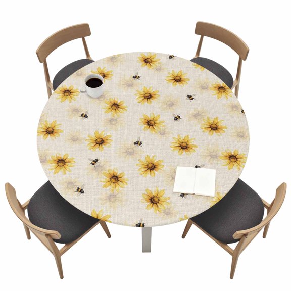 Farmhouse Sunflower Round Fitted Tablecloth Rustic Yellow Honey Bees Linen Texture Waterproof Elastic Stretch Table Cover for 55"-60" Round Table, Oil Proof Tablecloth for Picnic Party Dinner