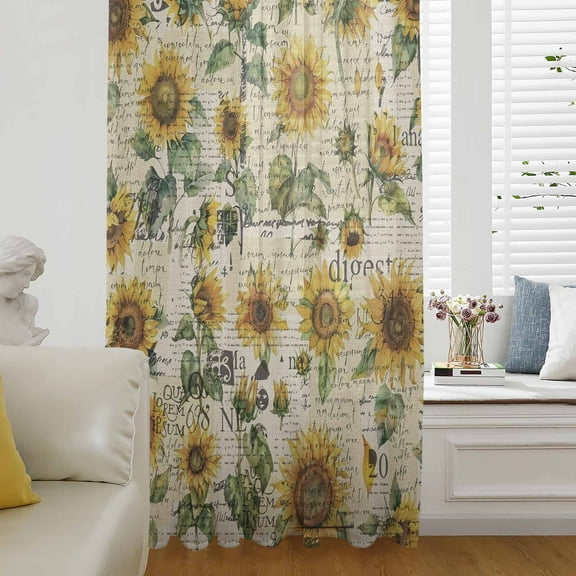 Farmhouse Sunflower Semi Sheer Curtains Drapes for Living Room, Bedroom, French Doors Window 84 Inches Long, Retro Summer Botanical Rod Pocket Chiffon Curtain Drapery Voile Draperies Panel