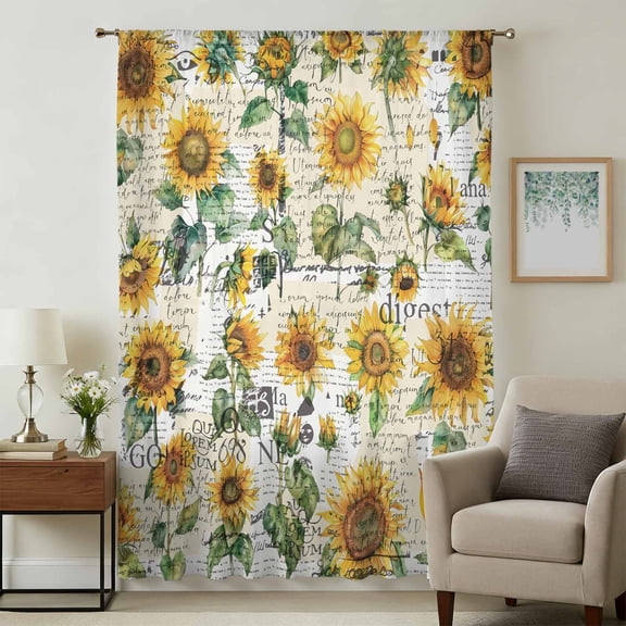 Farmhouse Sunflower Sheer Curtains 63 Inches Long, Vintage Summer Botanical Light Filering Curtains, Breathable Simi Curtain Privacy Drapes for Living Room Bedroom Lightweight Window Treatment