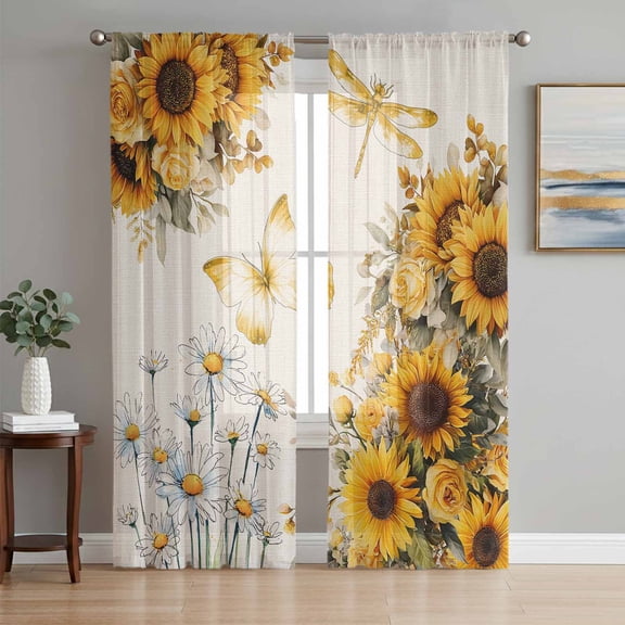 Farmhouse Sunflower Sheer Curtains 84 Inches Long 2 Panels Set, Window Sheer Curtains for Living Room/Bedroom, Vintage Daisy Butterflies Rustic Burlap Light Filtering Rod Pocket Curtain 52''x84''x2