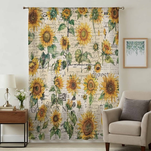 Farmhouse Sunflower Sheer Curtains 96 Inches Long, Retro Summer Botanical Light Filering Curtains, Privacy Drapes Simi Floor to Veiling Curtain for Living Room Bedroom Large Window Treatment