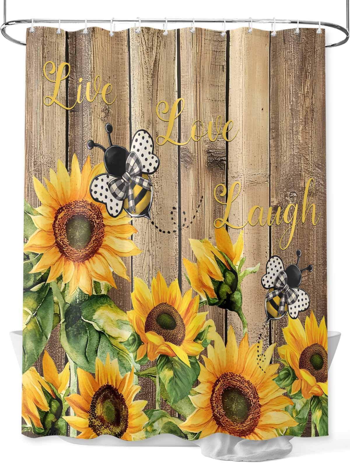 Farmhouse Sunflower Shower Curtain, Live Love Laugh Bathroom Decor Curtains Set with Hooks, Vintage Brown Wood Waterproof Fabric Home Accessories， 72 X 84 Inch Extra Long