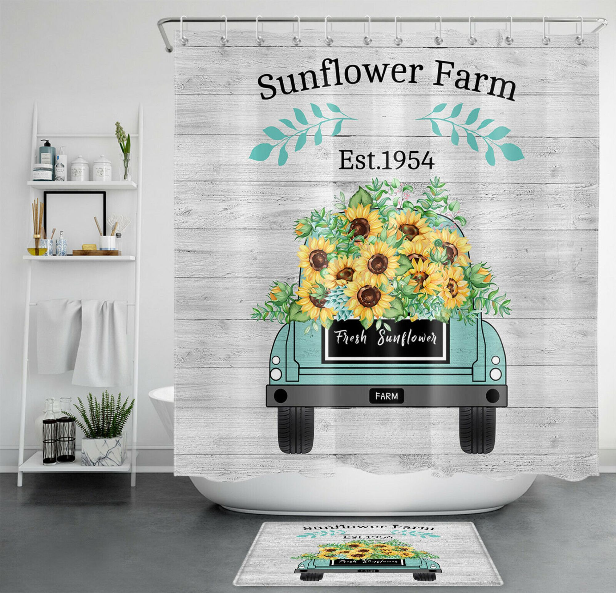 Farmhouse Sunflower Shower Curtain Vintage Truck Bathroom Decor