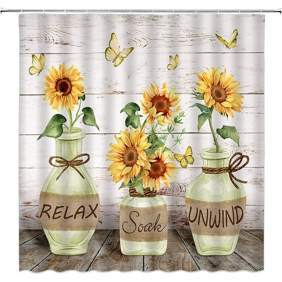 Farmhouse Sunflower Shower Curtains Rustic Floral Butterfly Fabric Bathroom Curtains Decor Set with Hook(36" WX72 H)