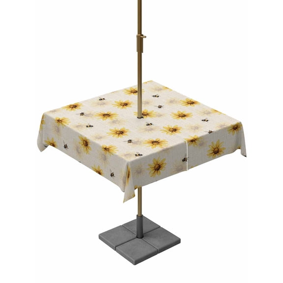 Farmhouse Sunflower Square Outdoor Tablecloth with Umbrella Hole Rustic Yellow Honey Bees Linen Texture 54x54 Inch Waterproof Table Cover Zippered Table Cloth for Garden Patio