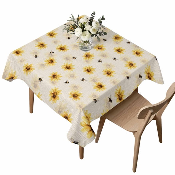 Farmhouse Sunflower Square Tablecloth Rustic Yellow Honey Bees Linen Texture Waterproof Wrinkle Free Soft Table Cloth Spill-Proof Washable Table Cover for Dining Party Picnic 54 x 54 Inch