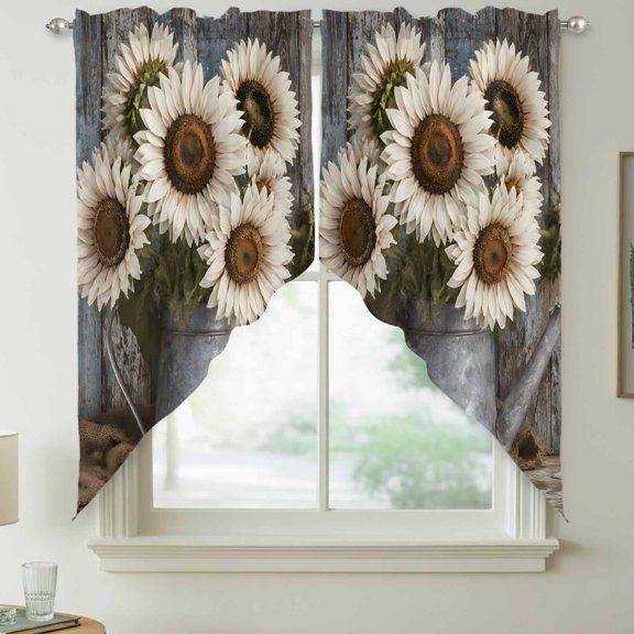 Farmhouse Sunflower Swag Curtain Valances for Kitchen, Country Vintage Pastoral White Floral Green Leaf Rod Pocket Curtains Window Treatment Swag Valance for Bedroom Bathroom, 2 Panels 28 x 36 Inch